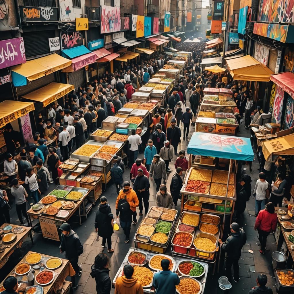 Colorful Street Food Market in Graffiti Art Style