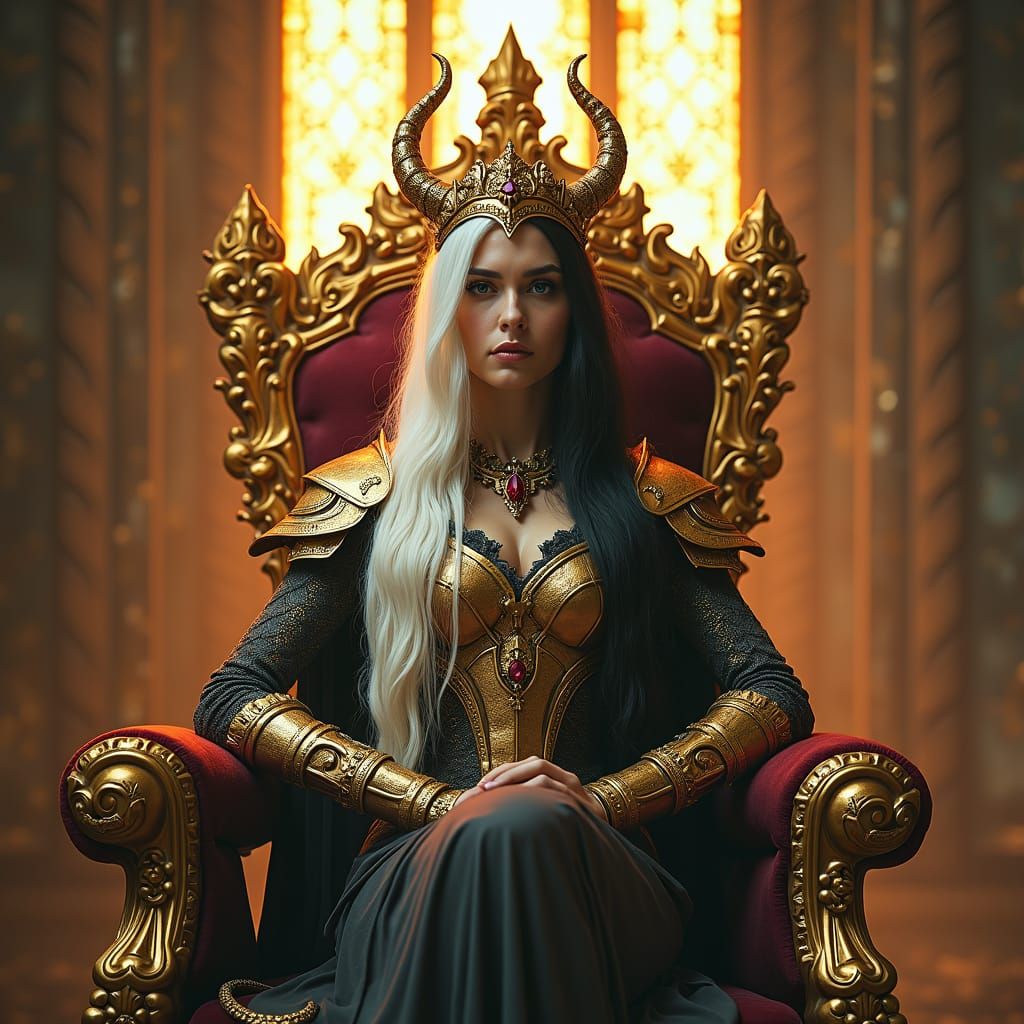 Dragon Queen on Golden Throne, Dramatic Fantasy Portrait