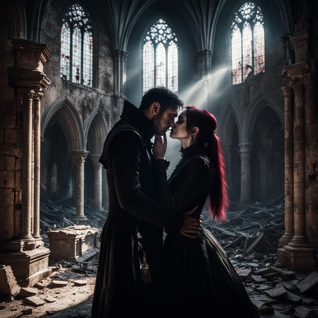 Gothic Couple's Kiss in Ruined Church