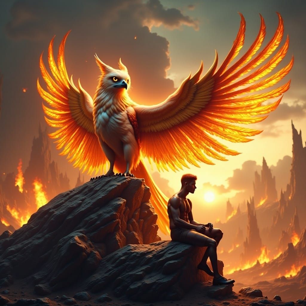 Man and Mechanical Owl-Phoenix in Fiery Landscape