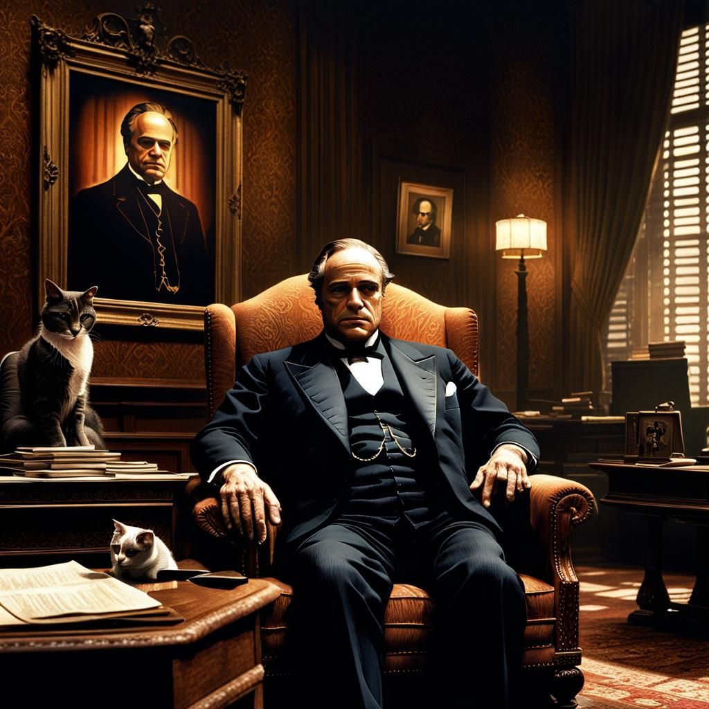 Marlon Brando's Don Vito Corleone sits in his study, holding...