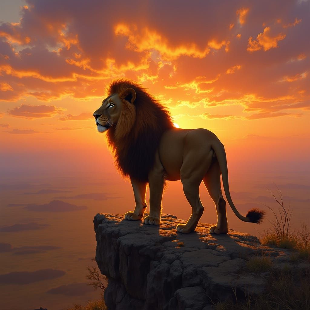 Lion with Flaming Mane Overlooking Savanna at Sunset