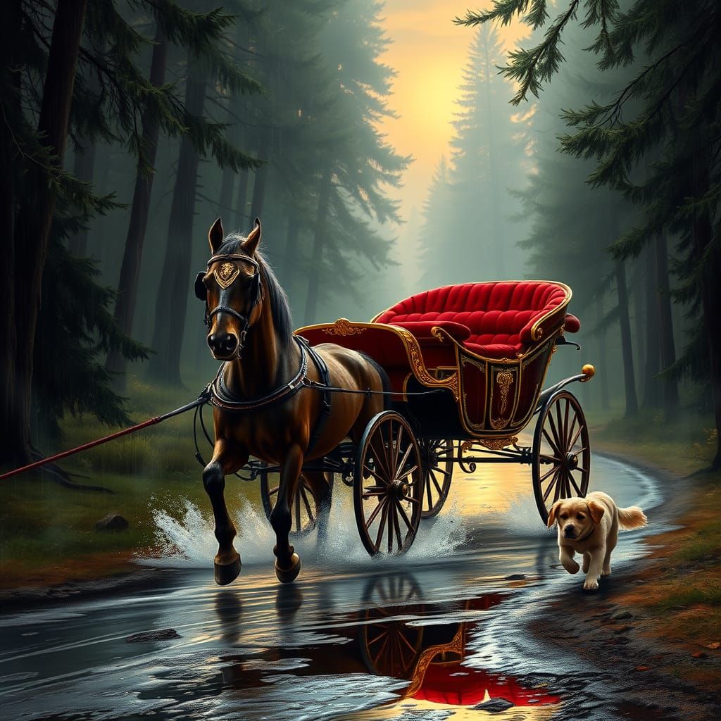 Majestic Horse Carriage Drives Through Misty Forest at Dusk