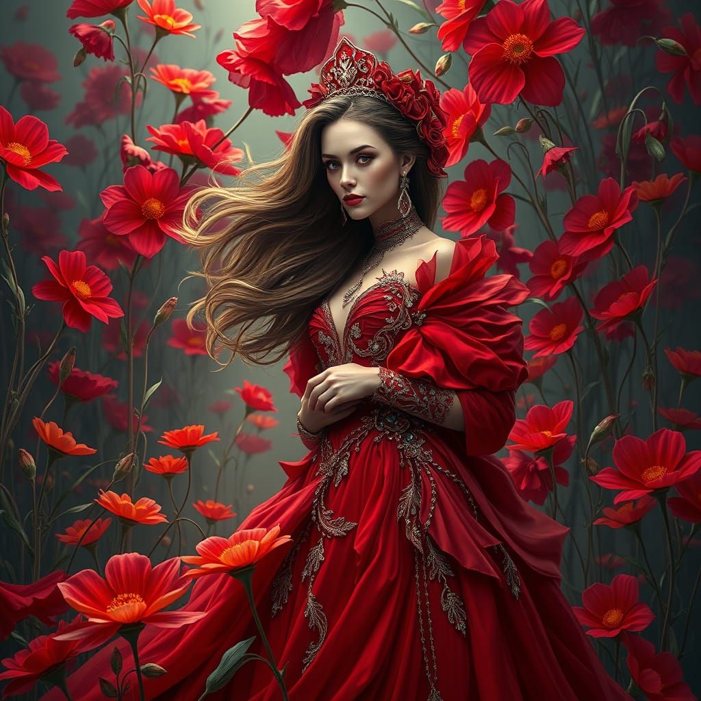 A stunning woman in a red, ornate dress stands in a surreal,...