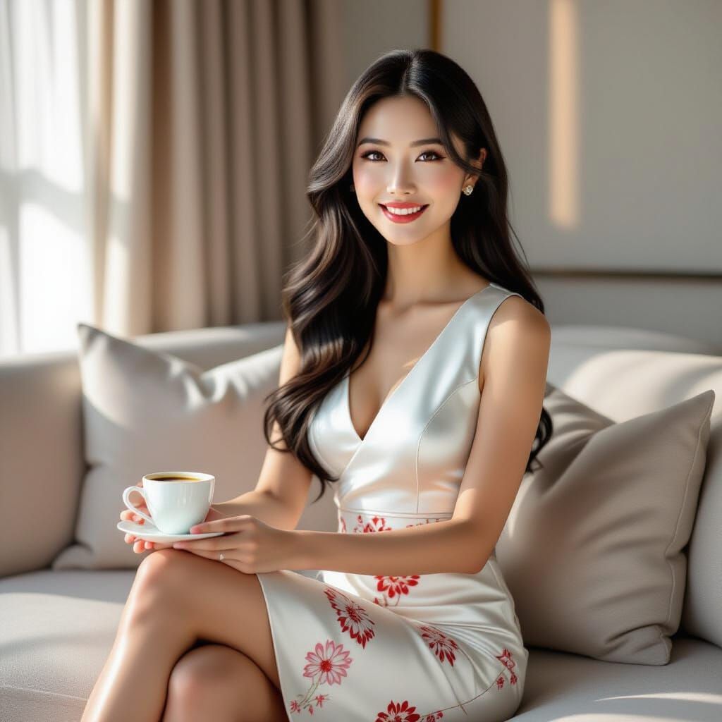 Elegant Chinese Woman on Sofa, Photographic Portrait