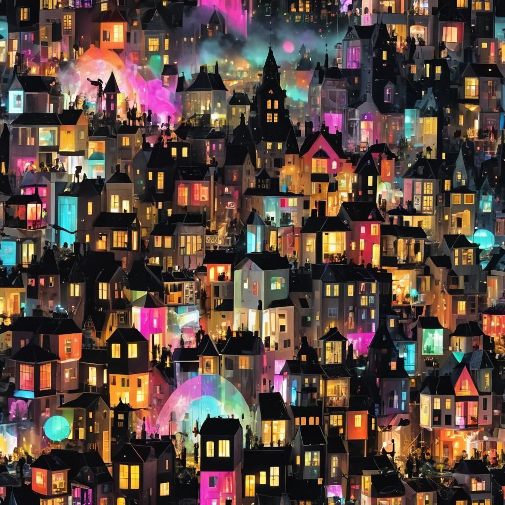 Surreal Neon Cityscape in Folk Art Style