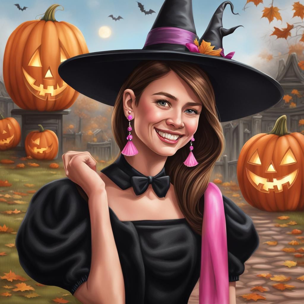 Hyperrealistic Halloween Witch with Pink Earrings
