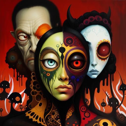 People in Pop Surrealist Painting with Detailed Eyes