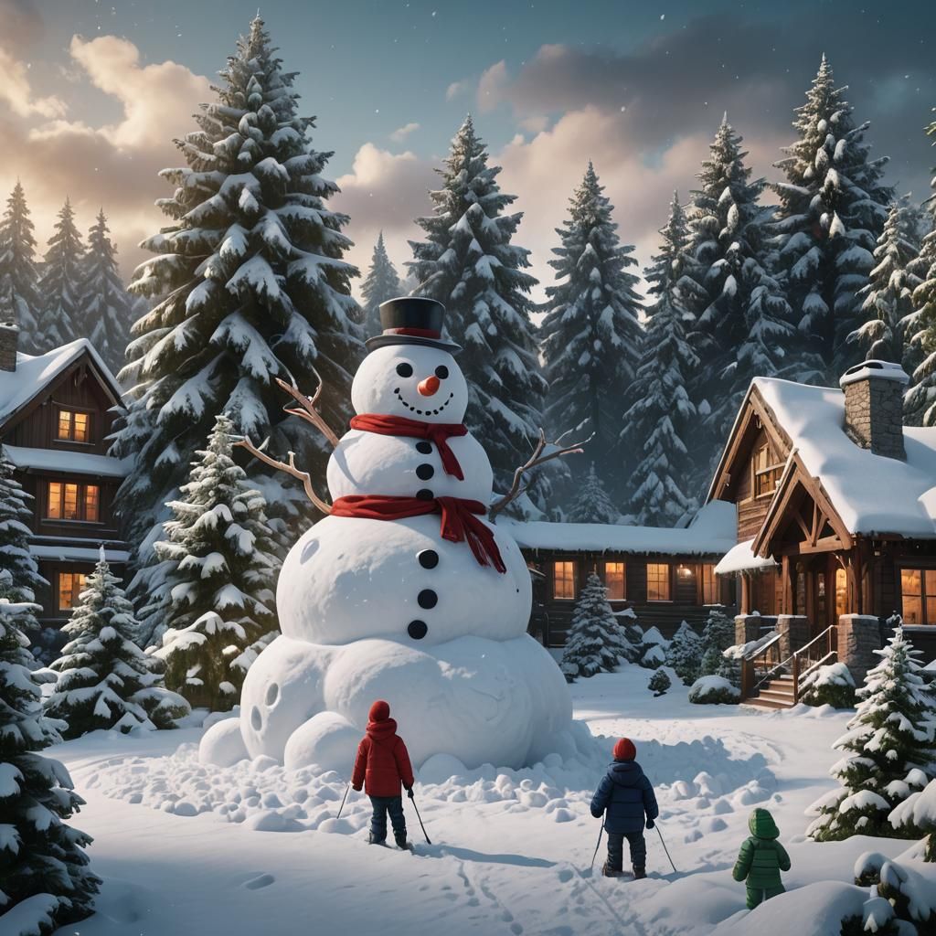 2 kids, building gigantic snow man in the front yard with evergreen trees all around