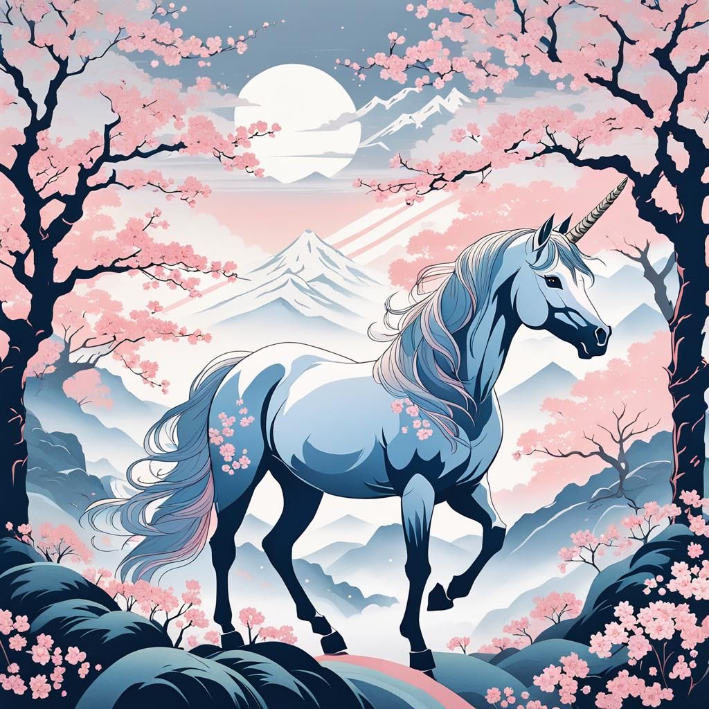 Unicorn in Japanese Woodblock Print Landscape