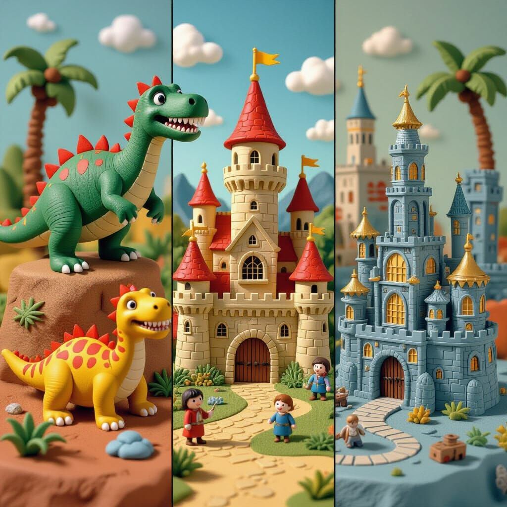Colorful Clay Diorama of Prehistoric, Medieval, and Future E...