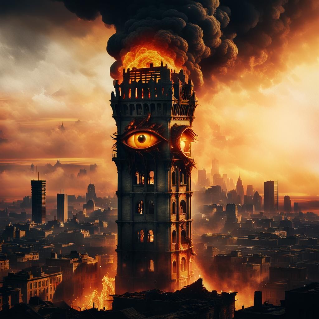 Towering Eye Watches Burning City in Dark Fantasy Style