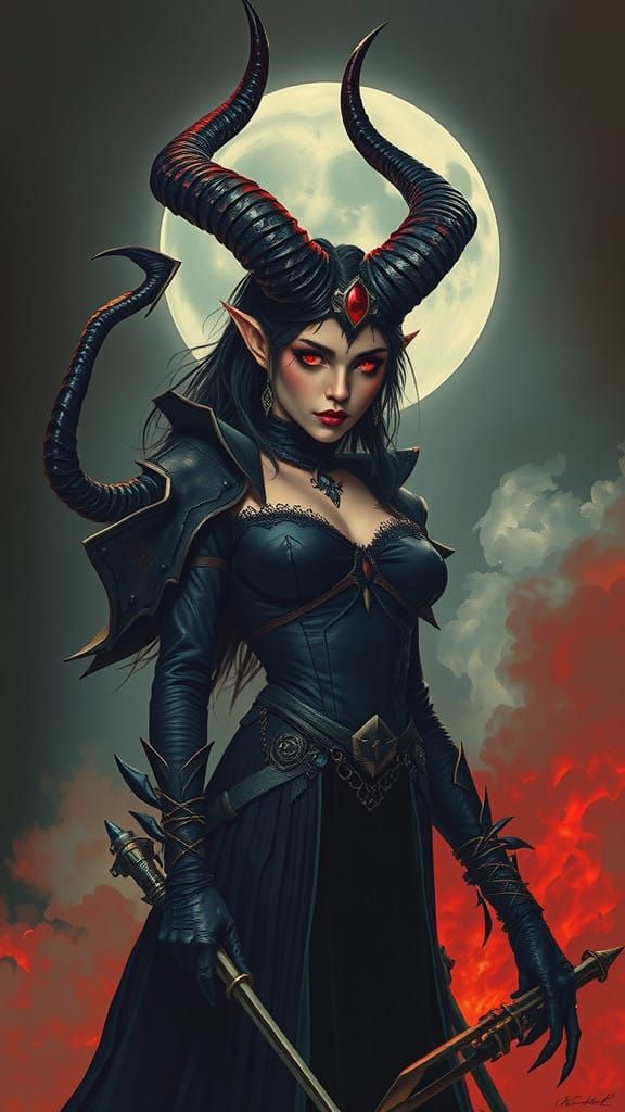Dark Fantasy Demoness with Gothic Horns and Red Eyes
