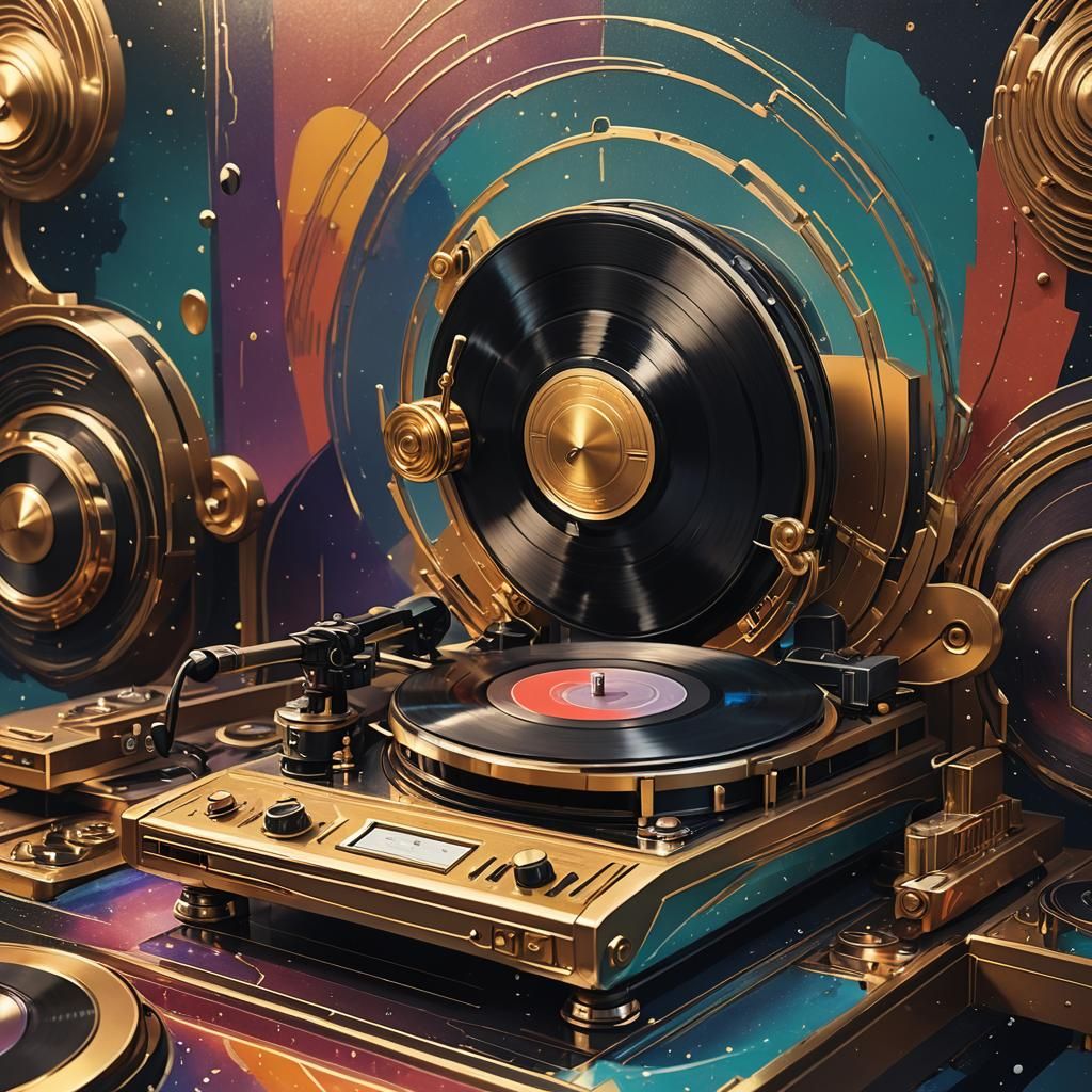 Hyperrealistic Art Deco Record Player, Splash Art Style