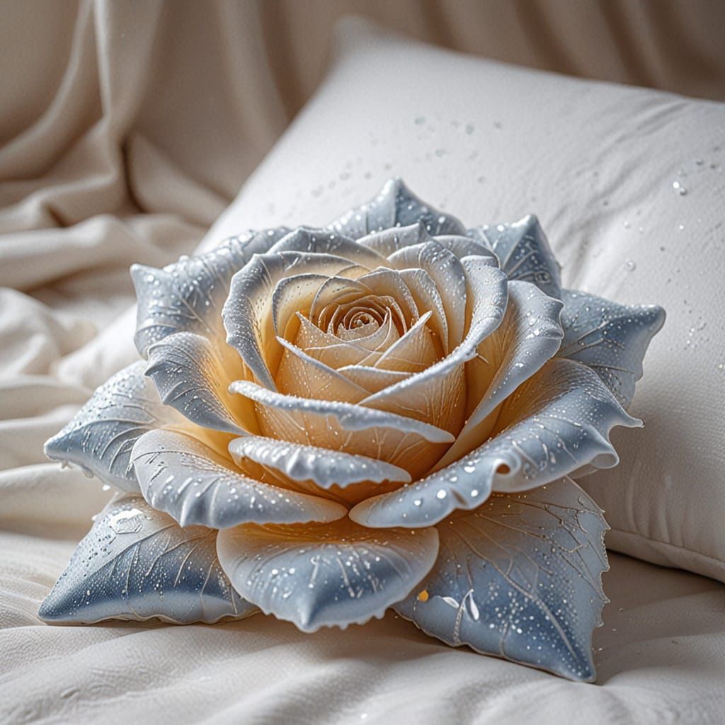 Photorealistic Ice Rose on White Pillow