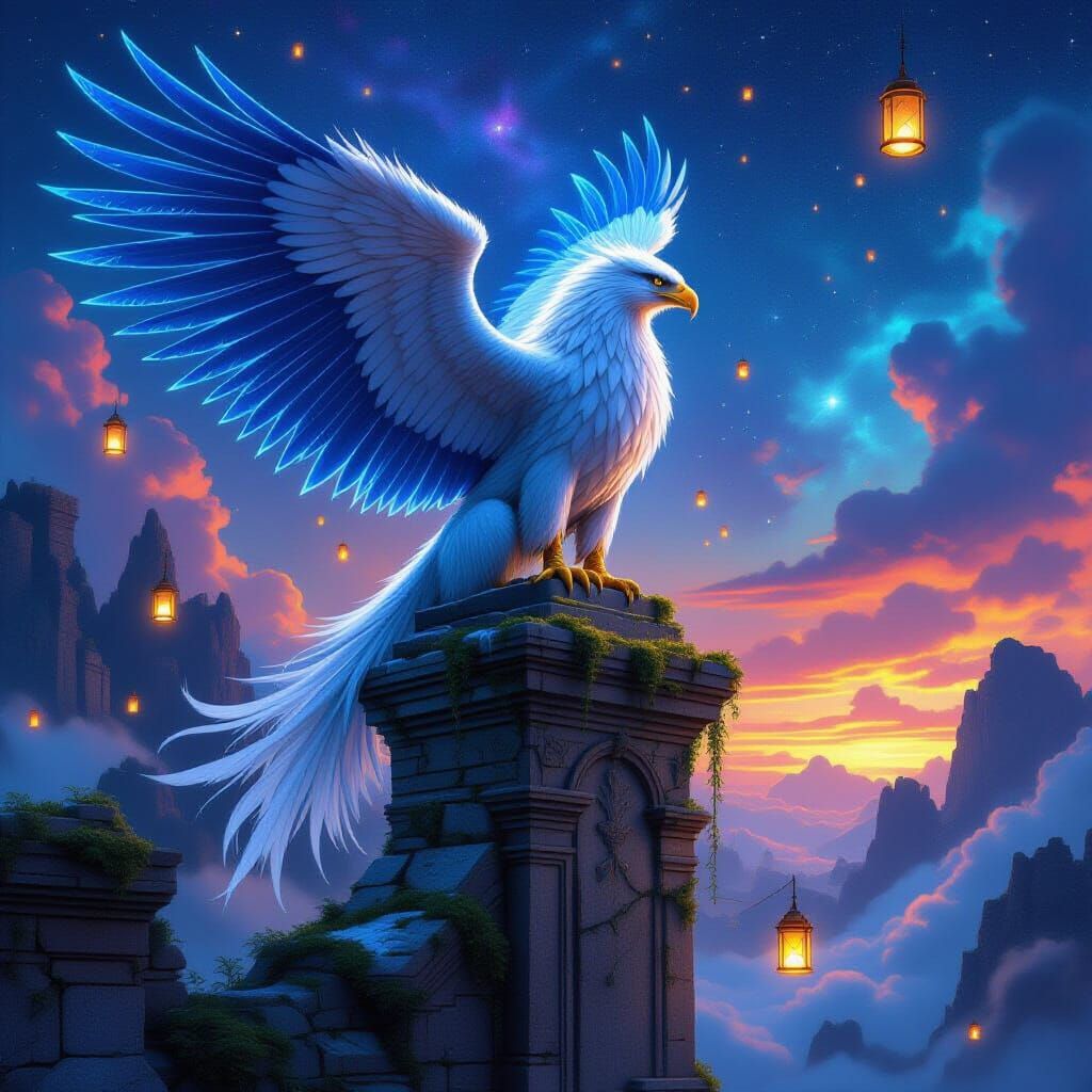 Celestial Griffin Perched Atop Ancient Ruins