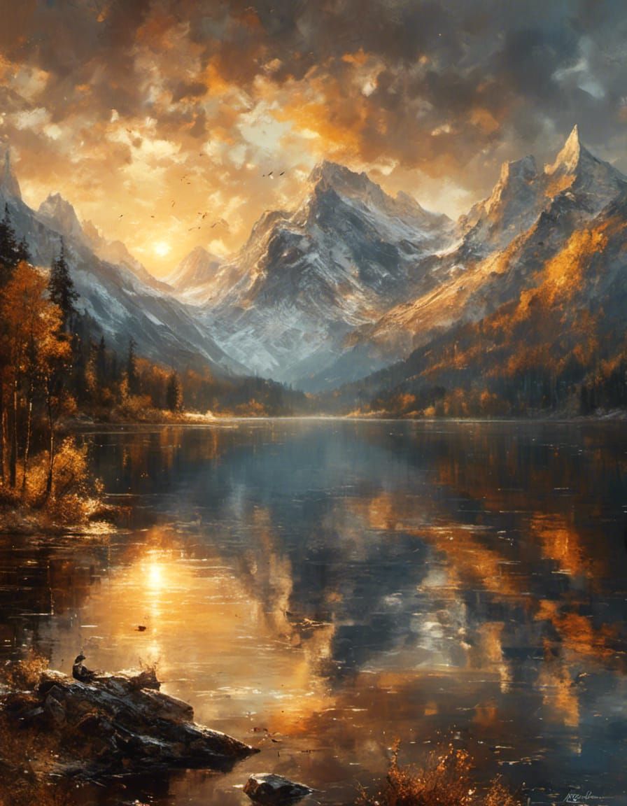 Mountain Lake at Sunrise: Exquisite Painting