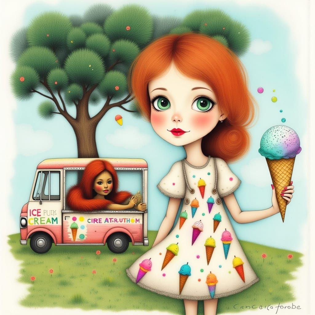 Watercolor Whimsy: Charming Girl with Ice Cream Cone in Ench...