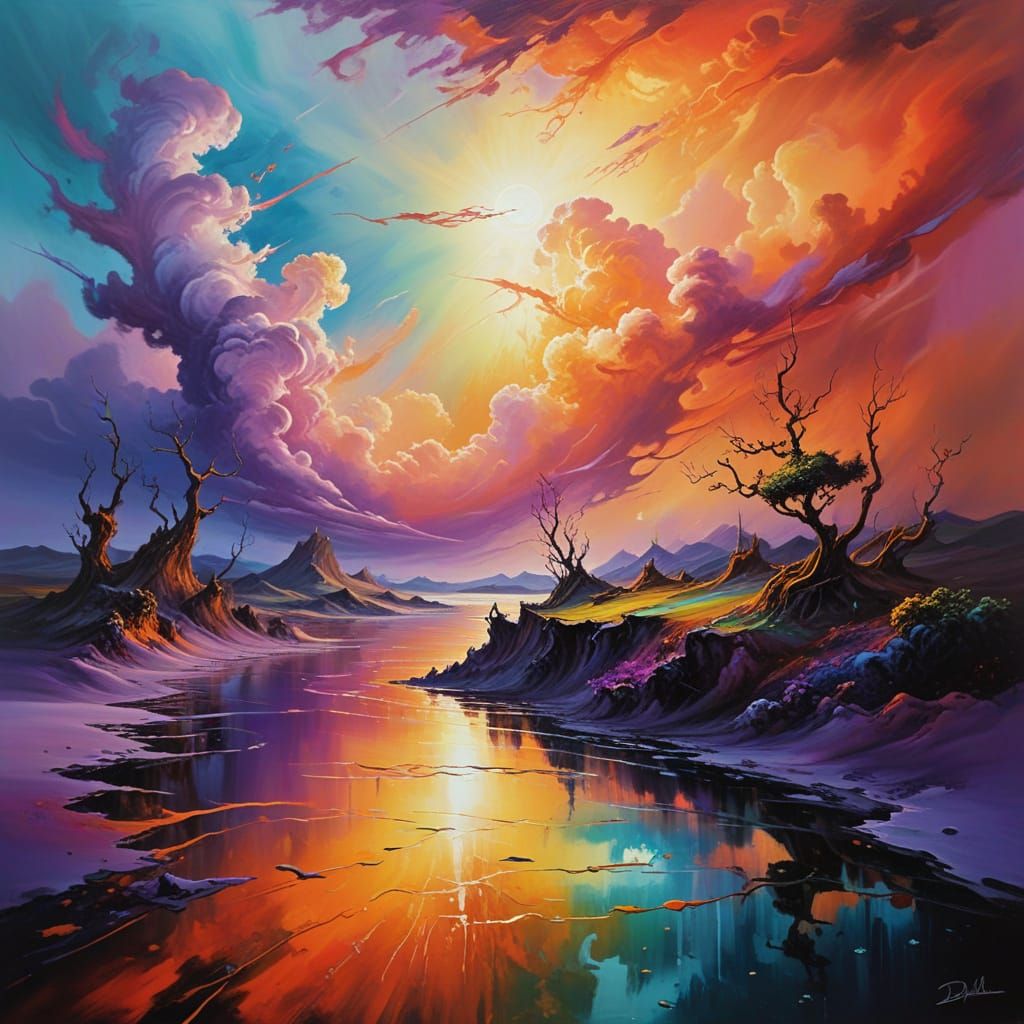 Dreamlike Oil Painting of Vibrant, Iridescent Sky