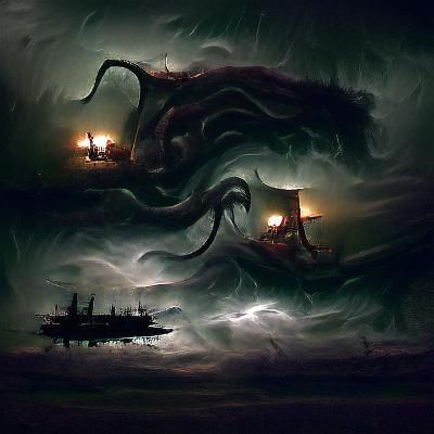 Kraken Attacks Ship at Night, Digital Painting