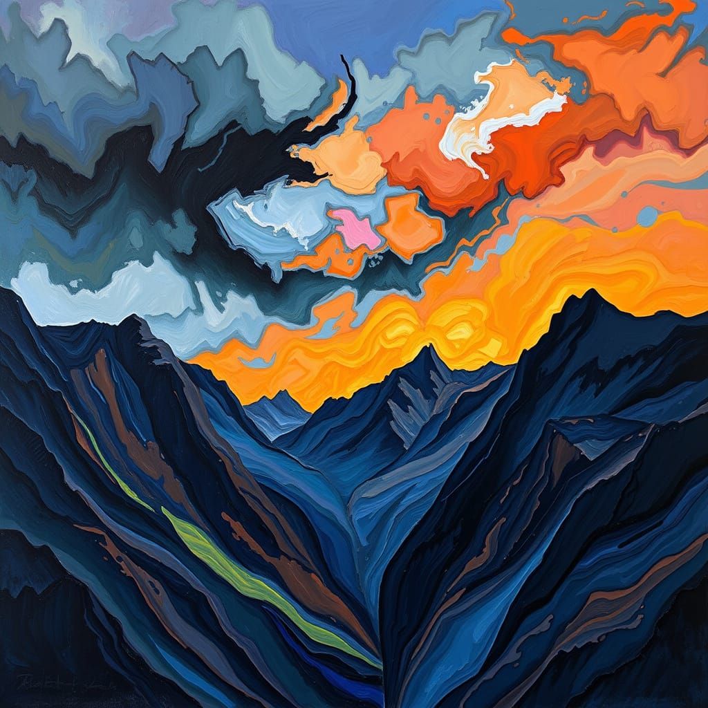 Majestic Dark Mountain Range in Neo-Expressionist Oil Painti...