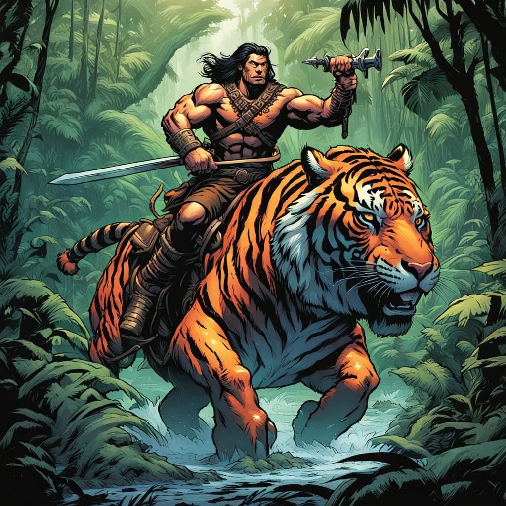 Barbarian Riding a Tiger in Jungle, Comic Book Art