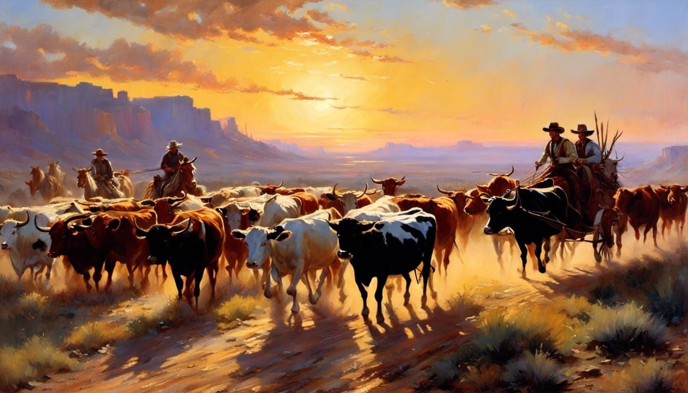 Epic Sunset Over Cattle Drive: Illustrative Style