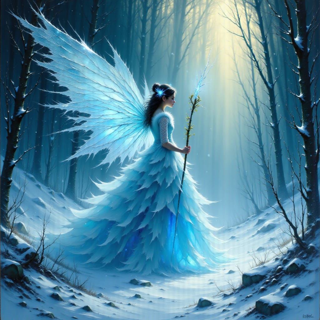 Ice Fairy Emerges from Glacial Storm as Impasto Painting
