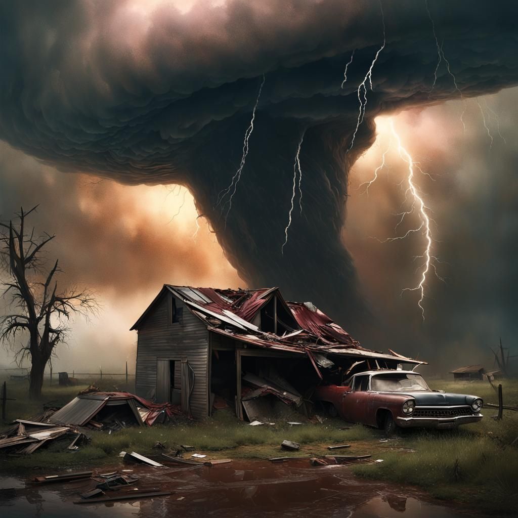 Picture of a powerful F5 Tornado, thick contorted swirling funnel, dust, barn debris, vehicle damage, lightning. Deep co...