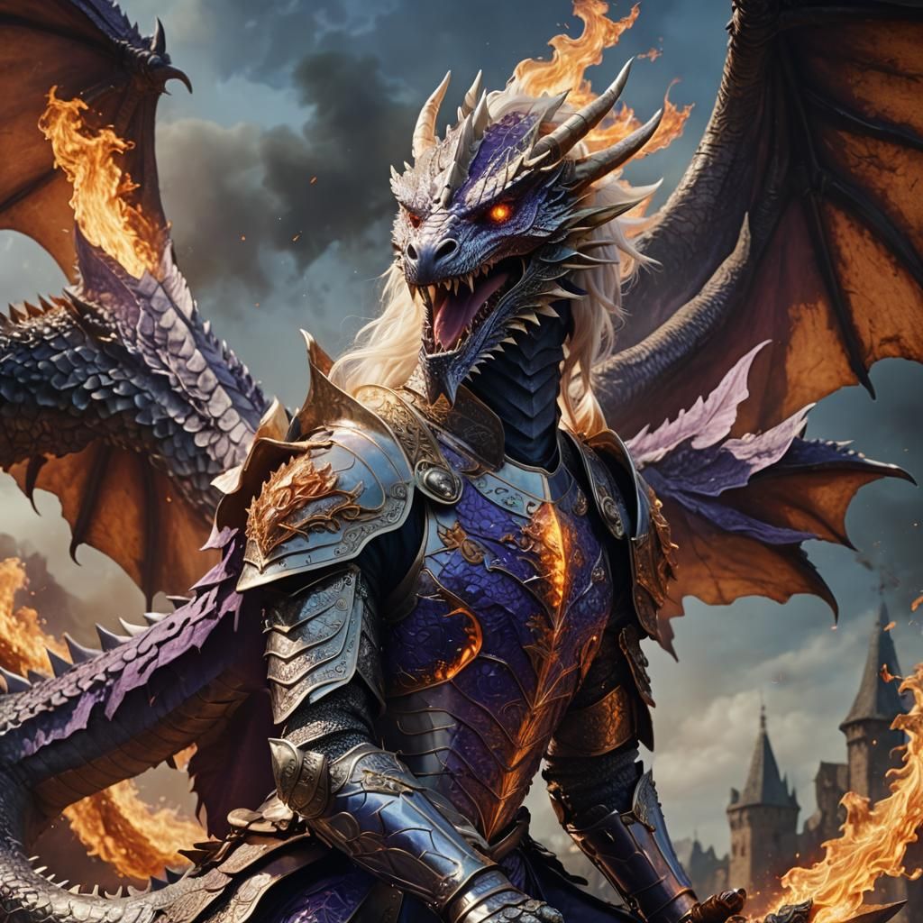 Albino Dragon Rider Breathes Fire: Fantasy Art