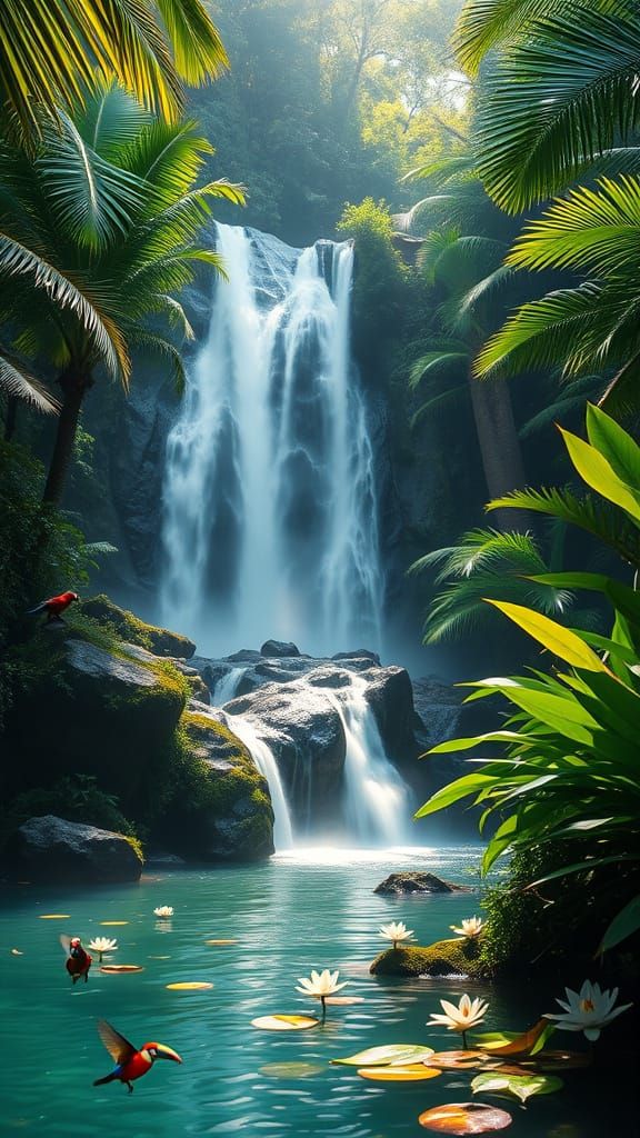 Lush Tropical Jungle Waterfall Scene in Hyperreal Detail