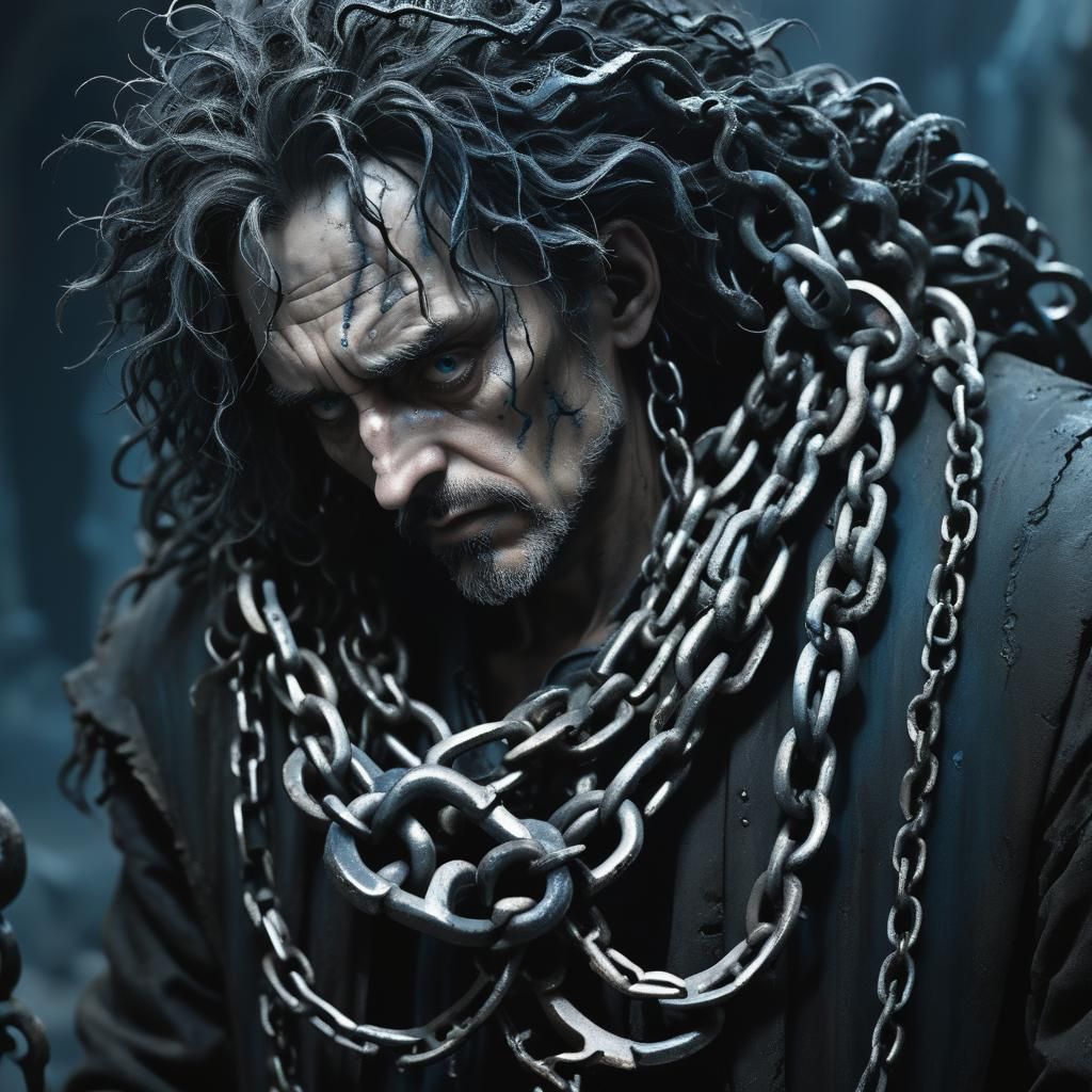 Weary Figure with Chain in Dark Fantasy Style