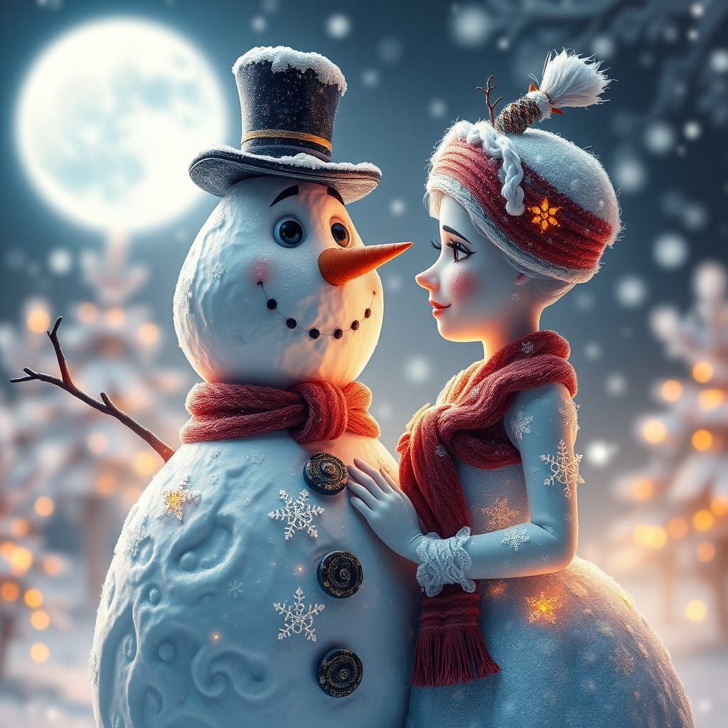 Whimsical Snowman and Snow-Wife Radiate Warmth in Winter Won...