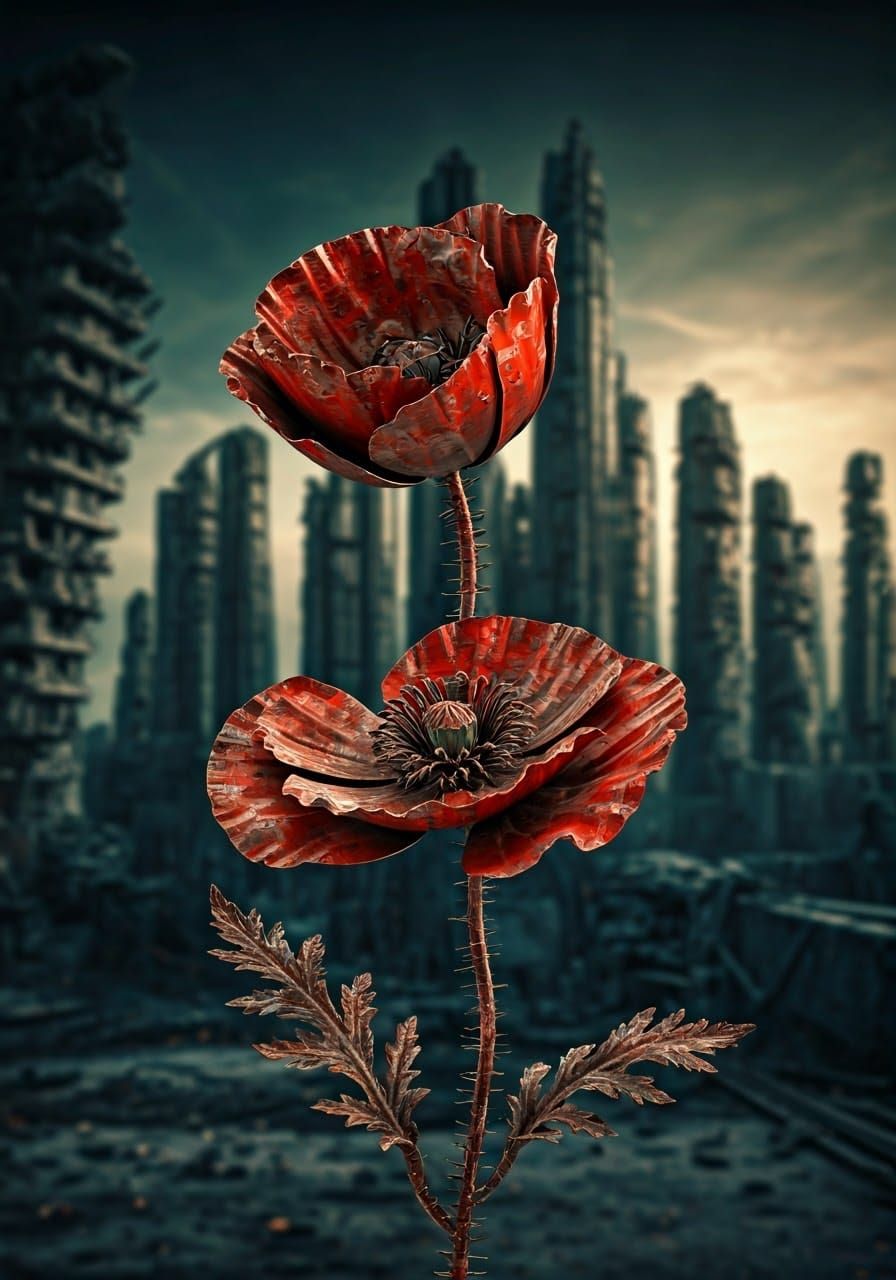 Rusted Metal Poppy in Cyberpunk Cityscape