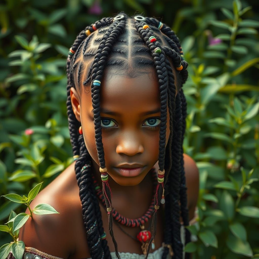 Woman in Vibrant Braids Amidst Lush Greenery