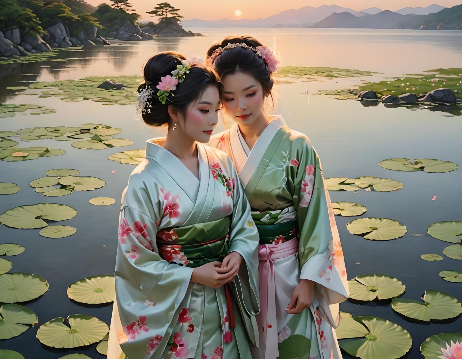 Two Women in Kimonos by a Lilypad Pond