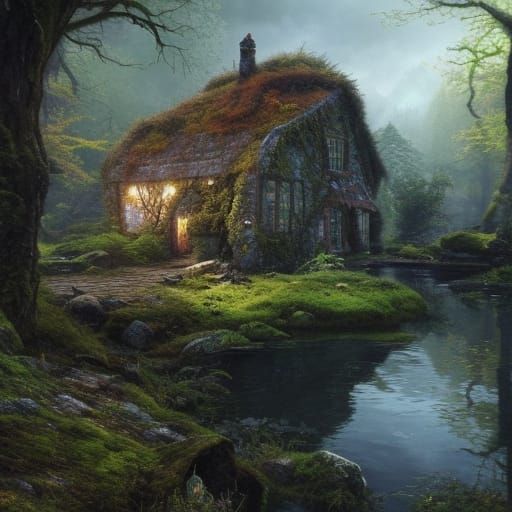 High Gothic Cottage in Enchanted Woodland, Digital Art