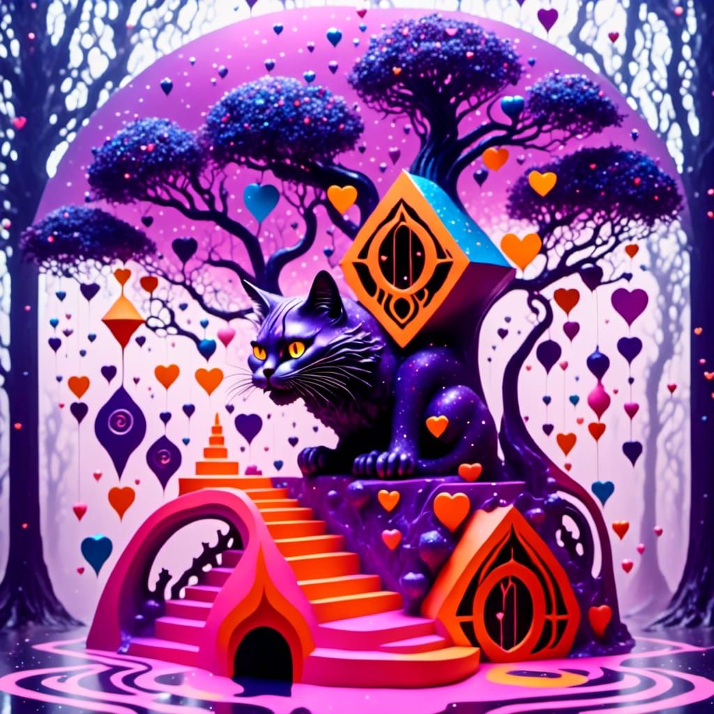 Cyberpunk Cheshire Cat in Abstract Geometric Scene