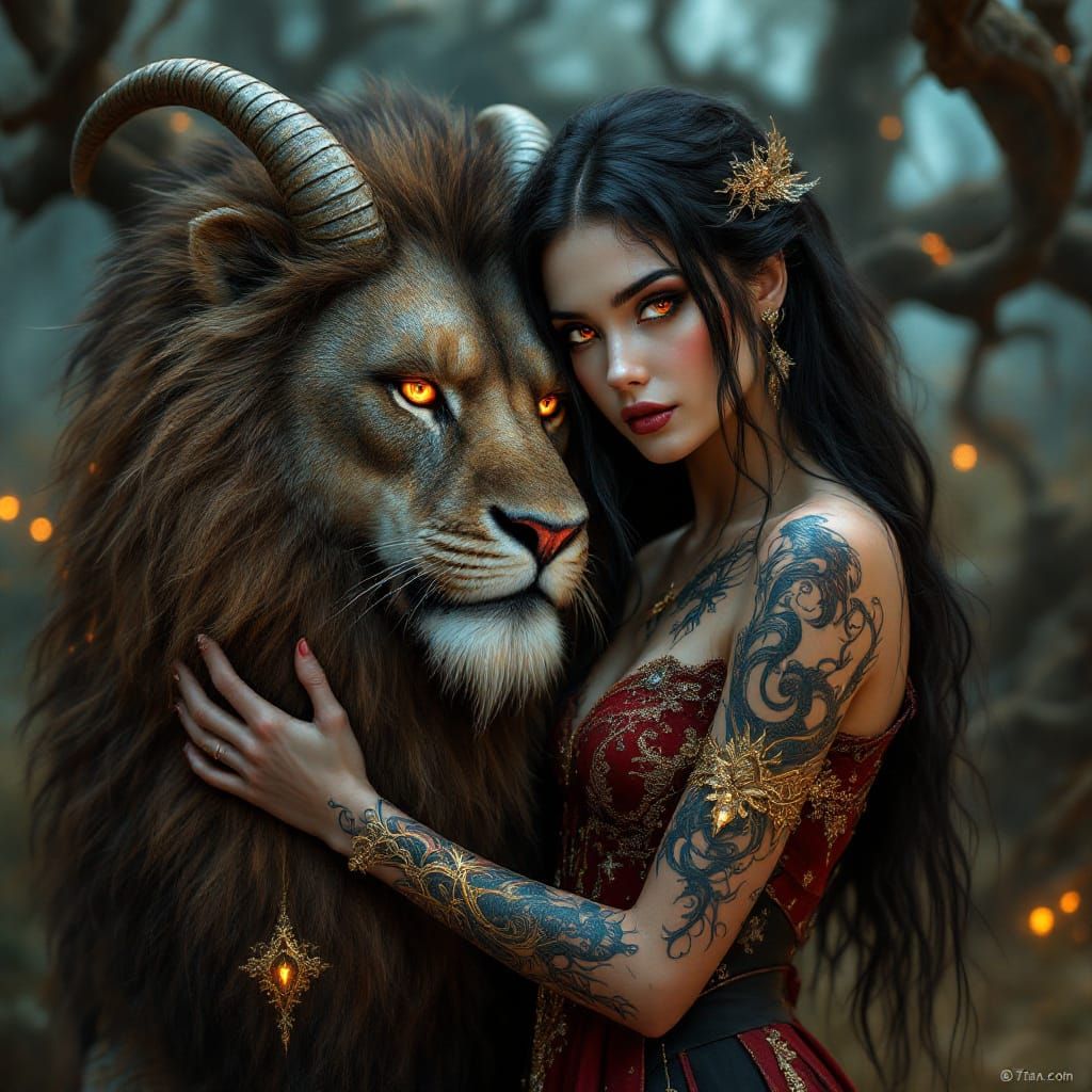 Chimera and Dragon Tattoo Woman in Art Nouveau Style