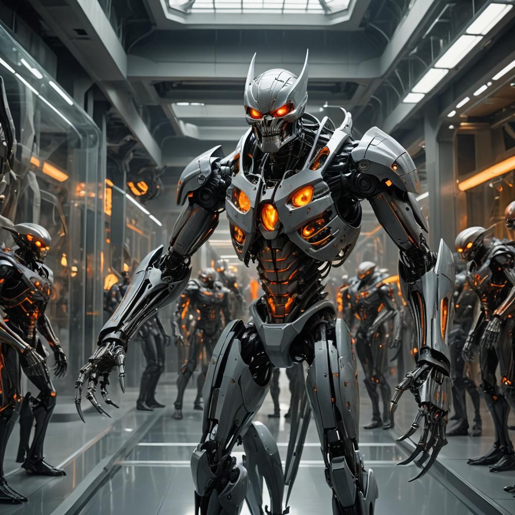 Wolverine Robot with Orange Eyes in Futuristic Museum