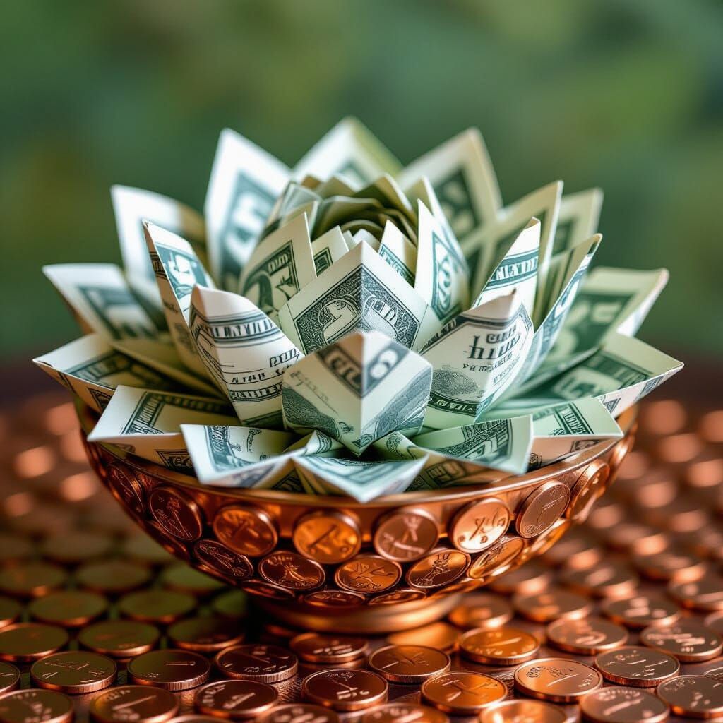 Origami Dollar Bill Lotuses in Copper Penny Bowl