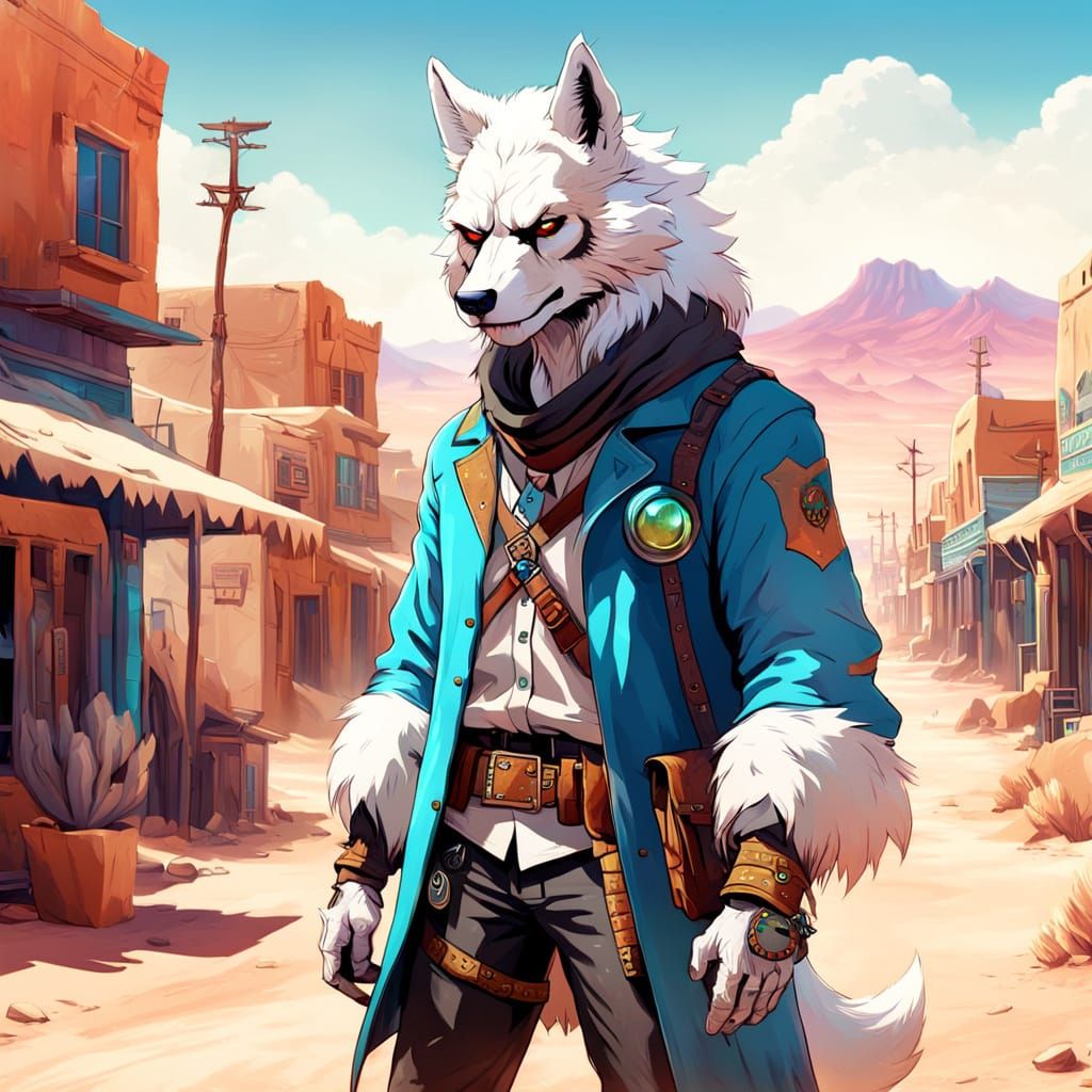 Sci-Fi Wolfman Cowboy Admires Vibrant Desert Landscape