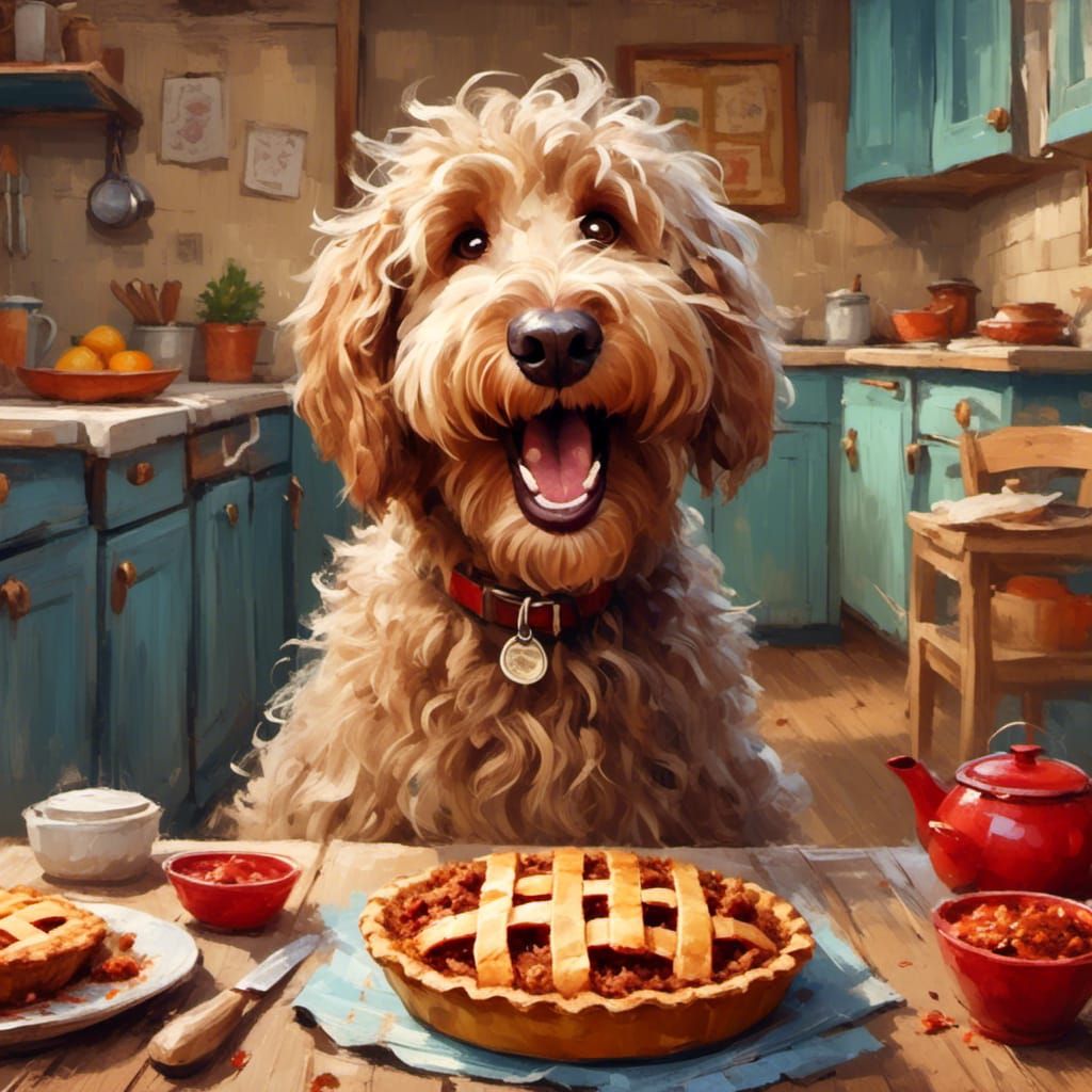 Happy Labradoodle Dog with Pie, Painterly Style