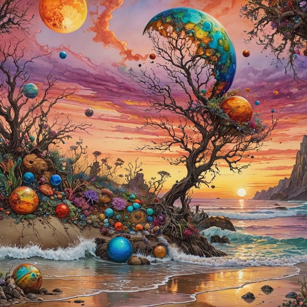 Surreal Beachscape with Fantastic Creatures in Alcohol Ink