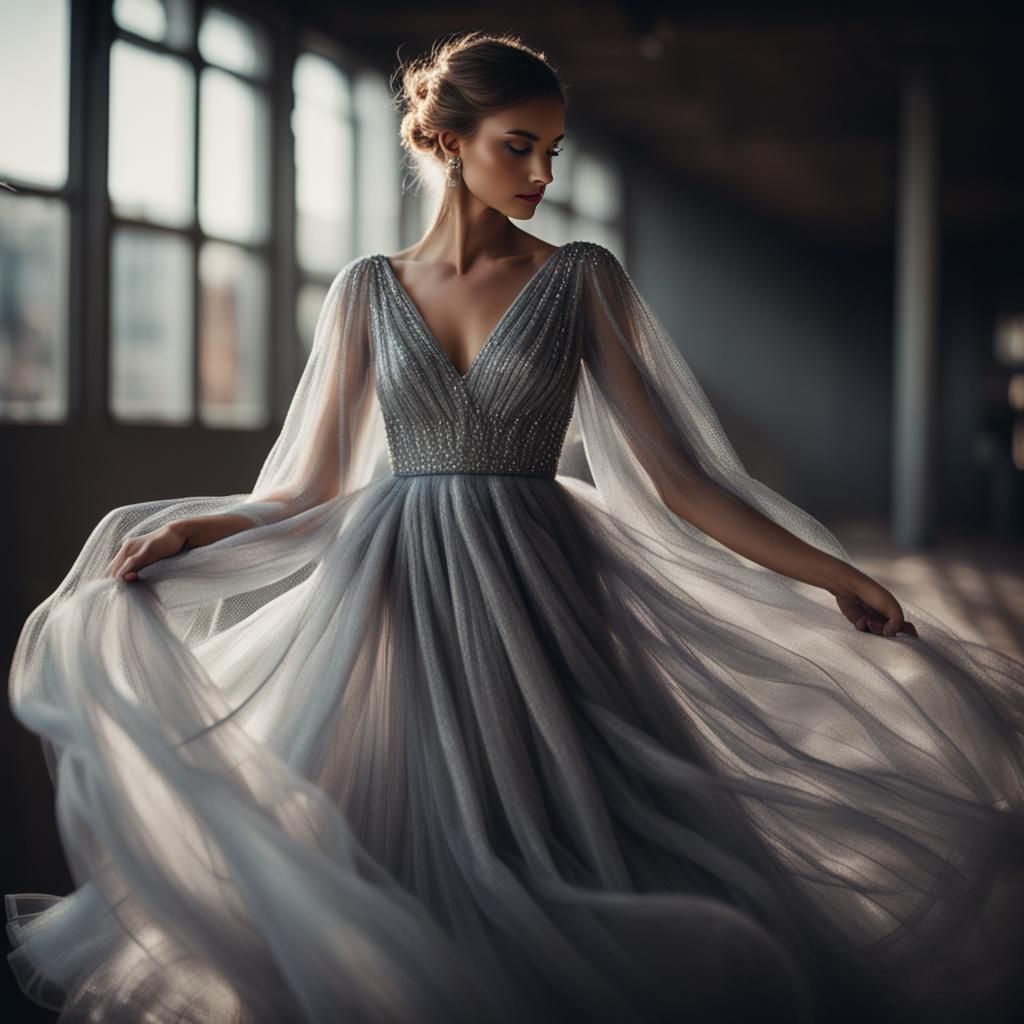Woman in Flowing Silver Tulle Dress