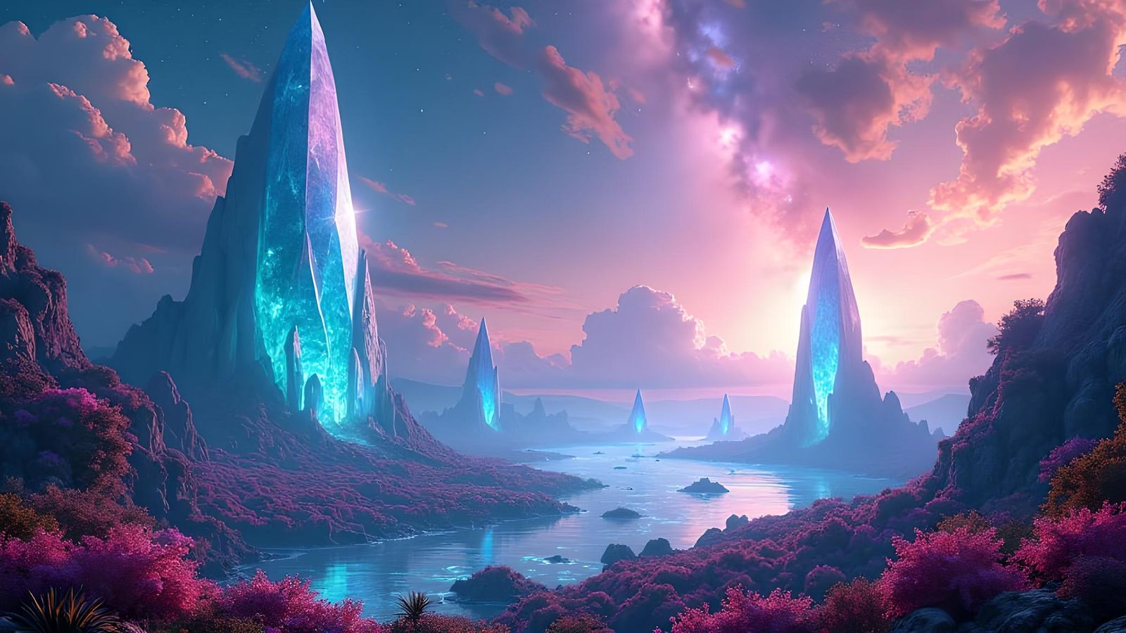 Ethereal Crystal Landscape with Glowing Skies