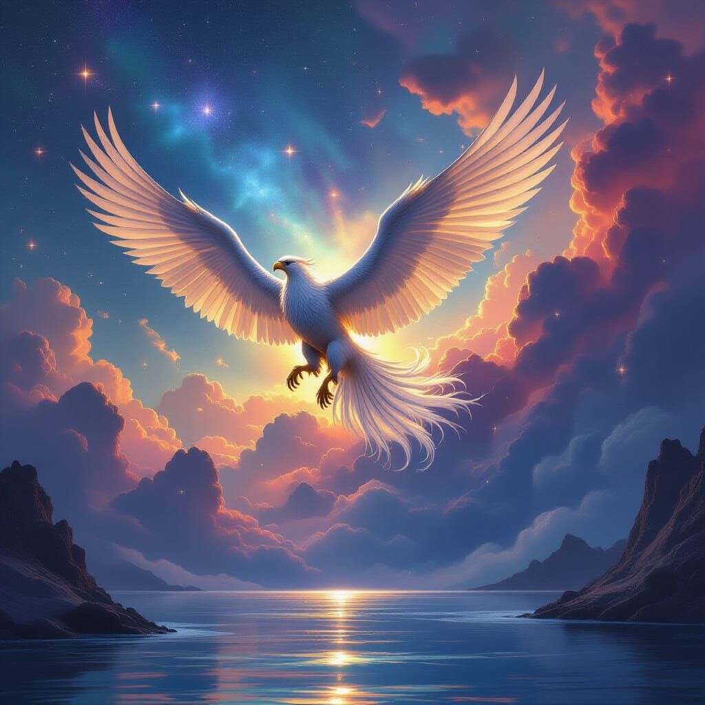 Majestic Griffin Soars Through Cosmic Nebula Sky