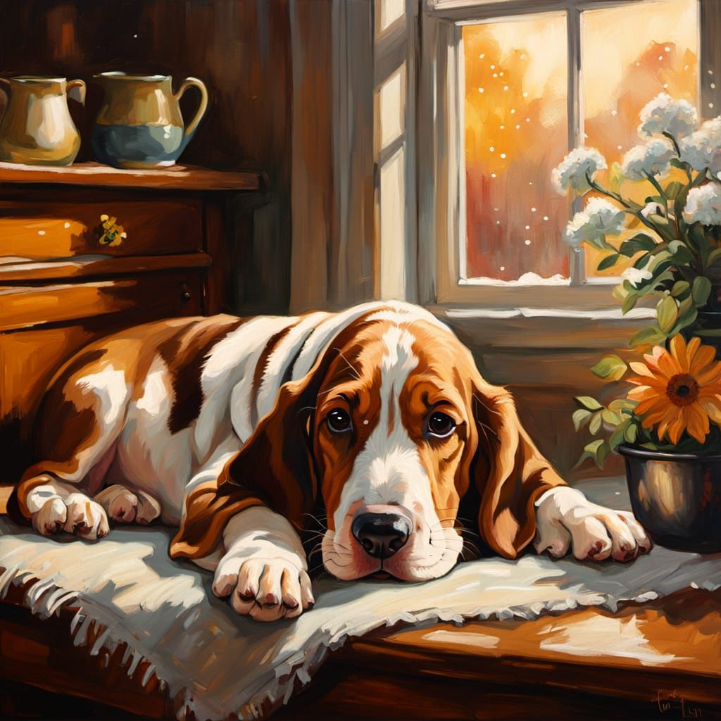 Basset Hound Puppy Napping by Fireplace