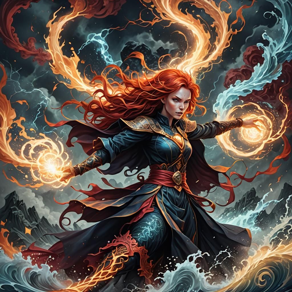 Red-Haired Witch Bending Lightning and Water