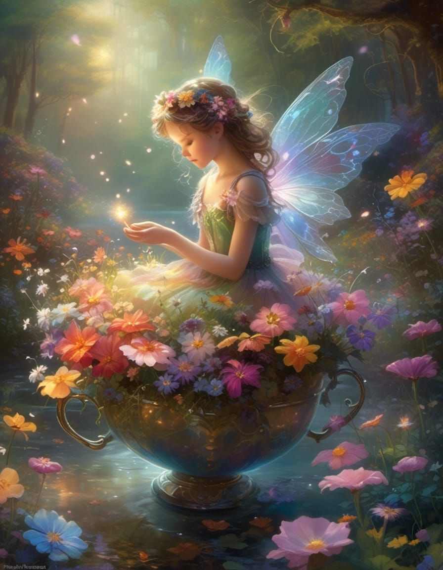 Fairy in Teacup Flower Garden: Ethereal Fantasy